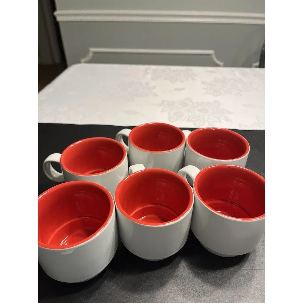 Set of 6 Crate & Barrel Stoneware Red White Stackable Coffee Mug Cups